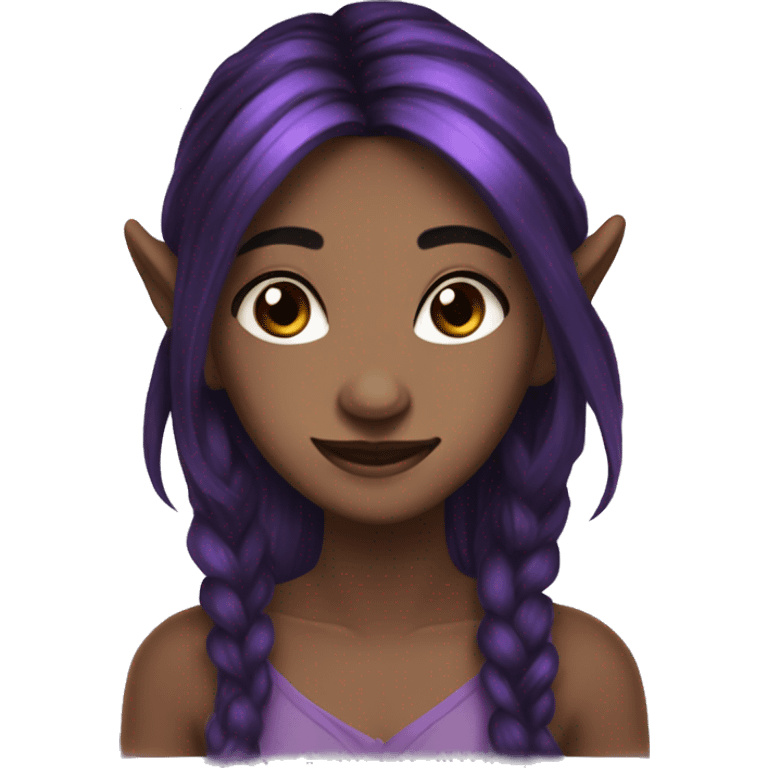 Fae with dark black hair and purple streaks, pointy ears, brown eyes, beautiful, smiling emoji