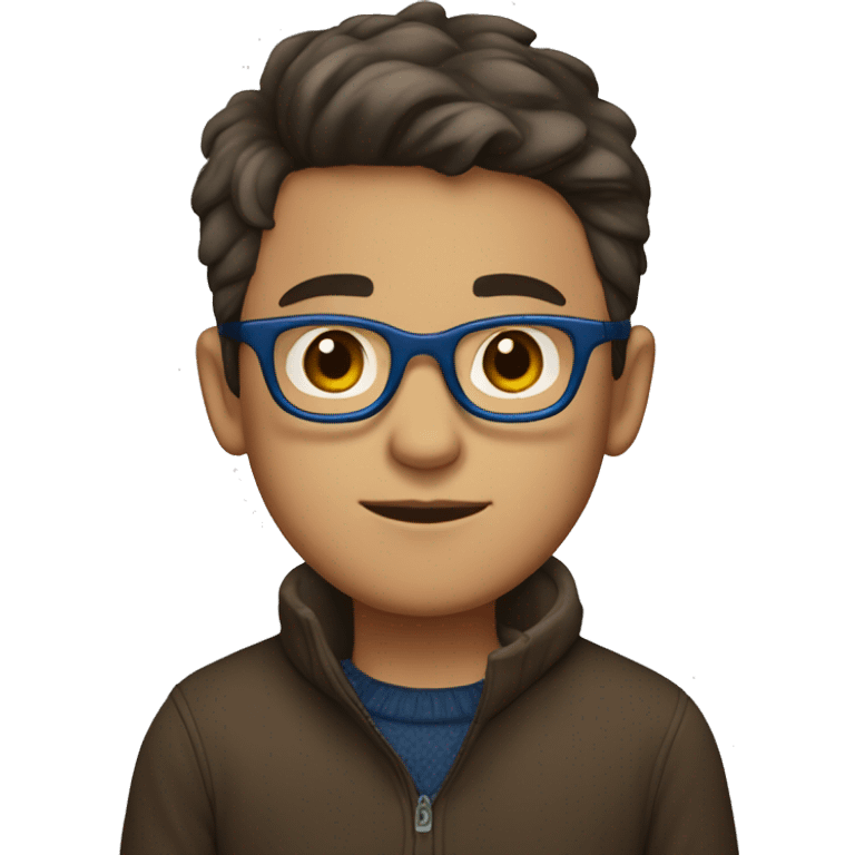 winter, christmas, young boy, short  brown hair, brown eyes, hispanic, dark blue sweater, full body, blue glasses emoji