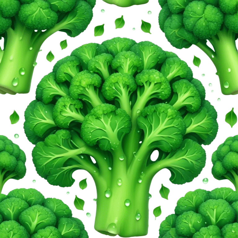 Cinematic lush green broccoli, detailed florets glistening with dewdrops, ultra-fresh and vibrant, soft glowing background, healthy and delicious. emoji