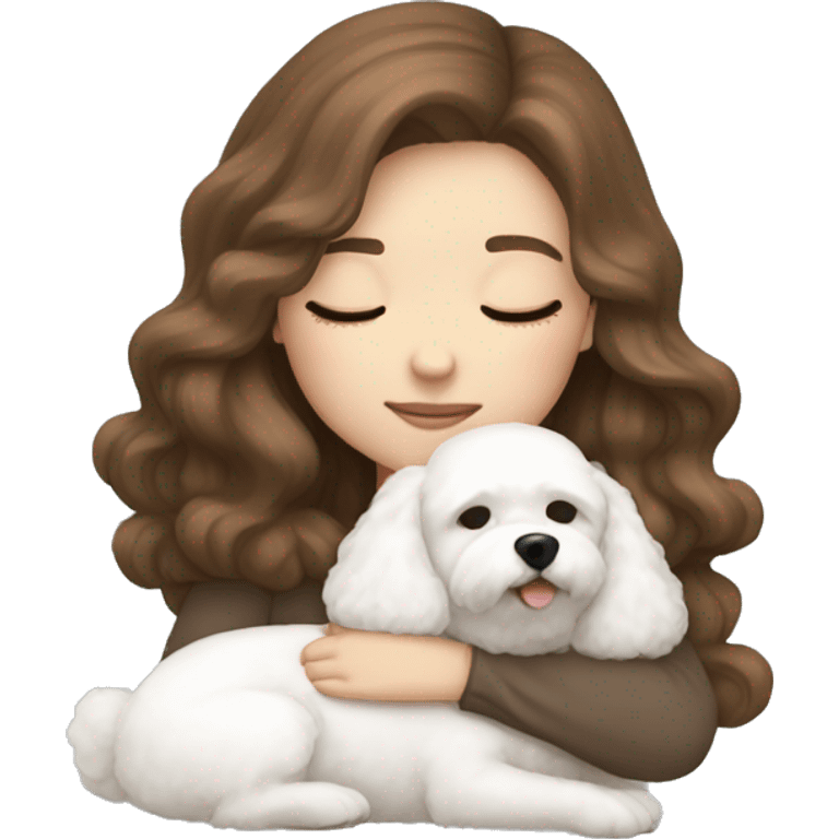 White girl brown hair sleeping with Mini Bichon emoji