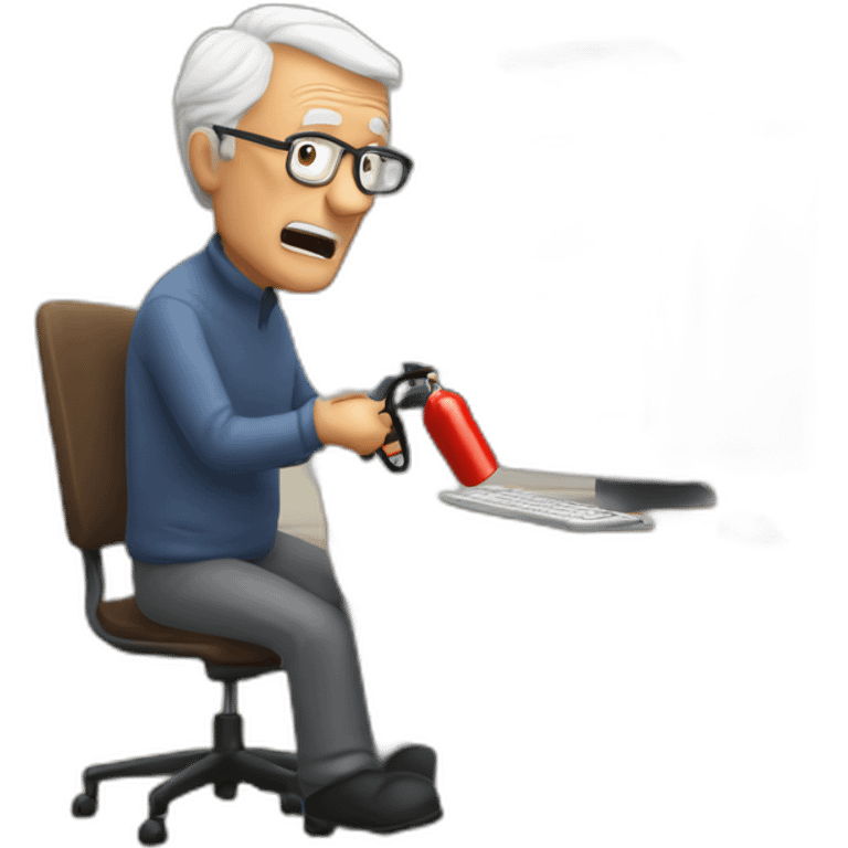 elderly man pointing fire extinguisher at a computer in fear emoji