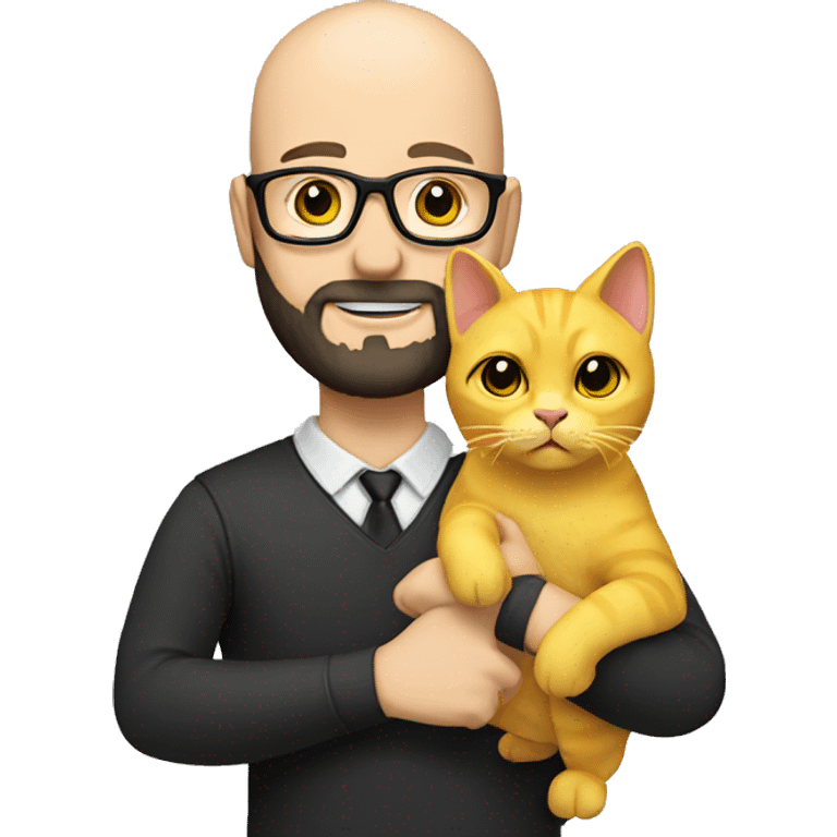 A bald white man with glasses and black beard holding a yellow cat in hand emoji