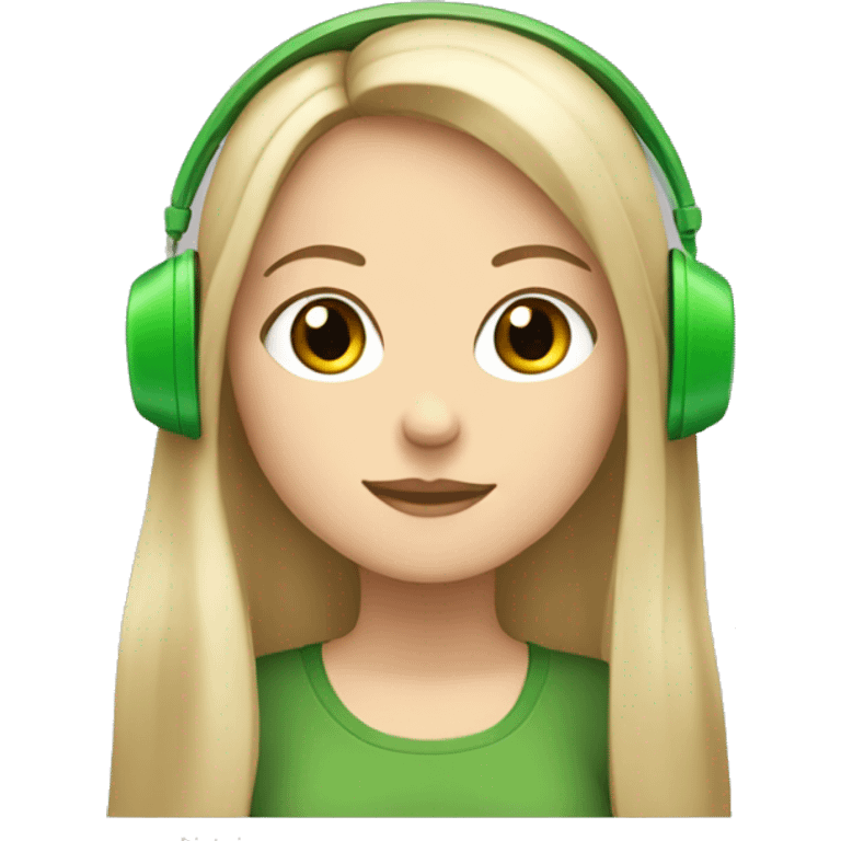 white girl with long read hair, bangs, and green eyes wearing brown headphones emoji