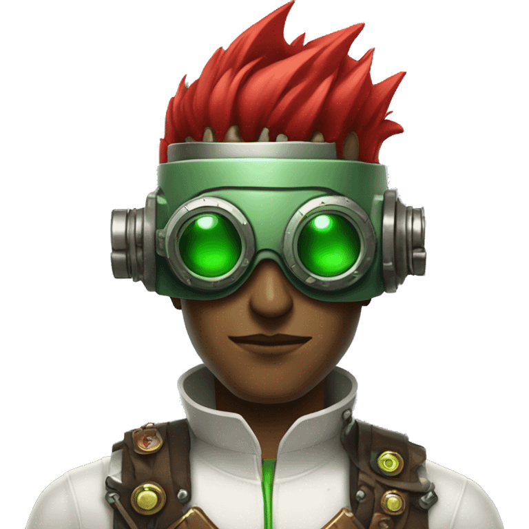 Male cyborg with thin red Mohawk and green steampunk goggles emoji