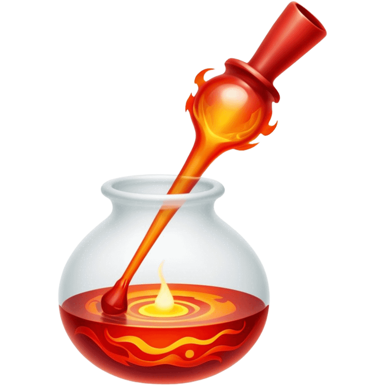 Glassblowing and casting icon, molten glass being shaped with blowpipe, glass piece in the mold, glowing red-hot surface, intricate patterns forming, minimalistic style, clean lines, transparent background. emoji