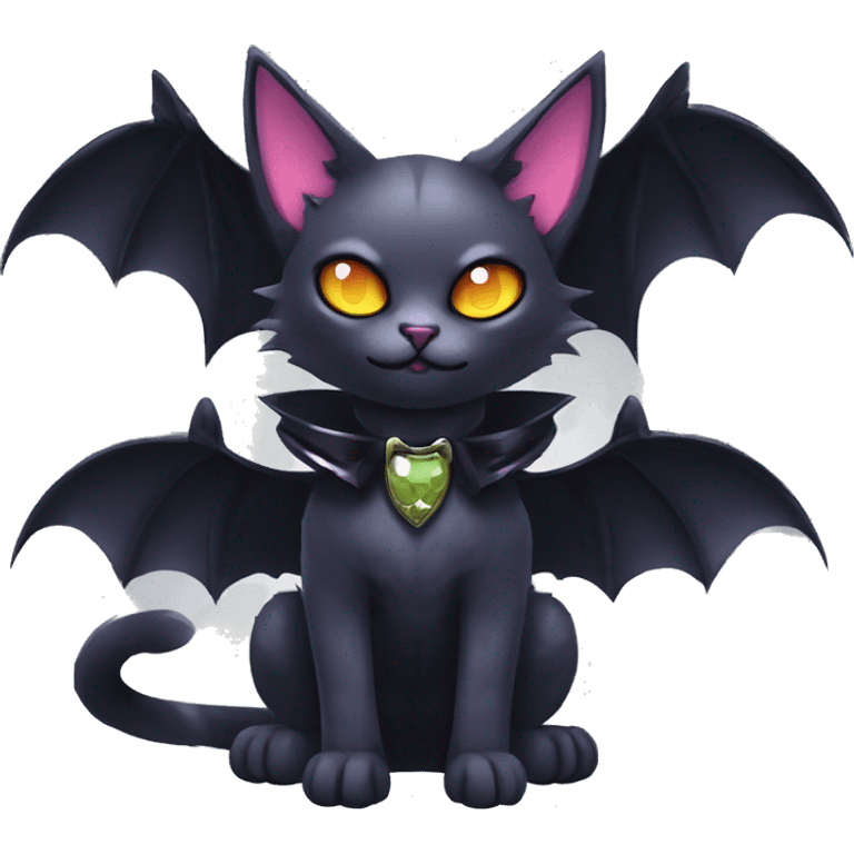   cool edgy kawaii ethereal dark-punk-themed animal vampiric cat-hybrid Fakemon with fangs and bat-wing-ears with a collar full body emoji