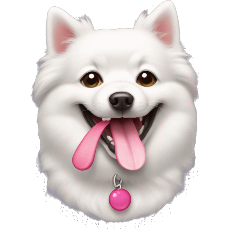 a cute smiling japenese spitz dog with a pink tongue and happy eyes emoji