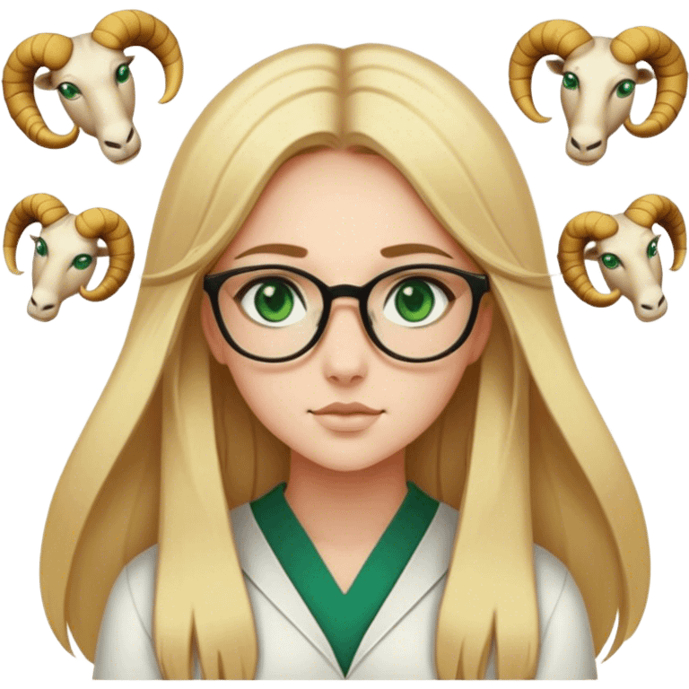 A blonde girl with long straight hair green eyes and glasses with astrological signs Aries Leo and Scorpio around her emoji