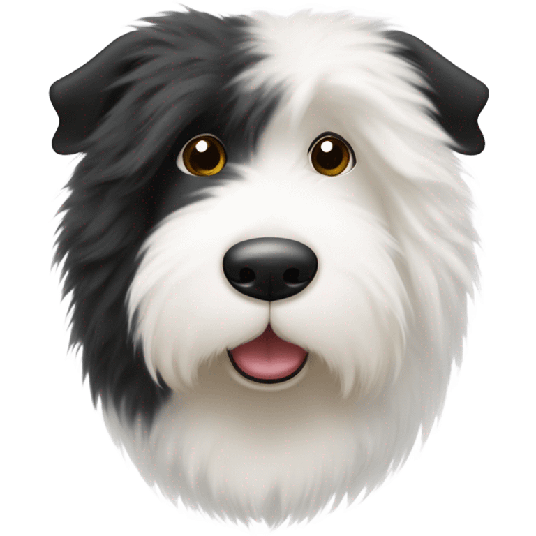 Old English sheepdog with a half and half face like a black (left) and white (right) cookie emoji