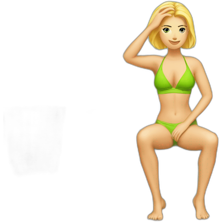 Soft -fit Caucasian woman bikini abs (hands-in-hair pose) (full body) couch emoji