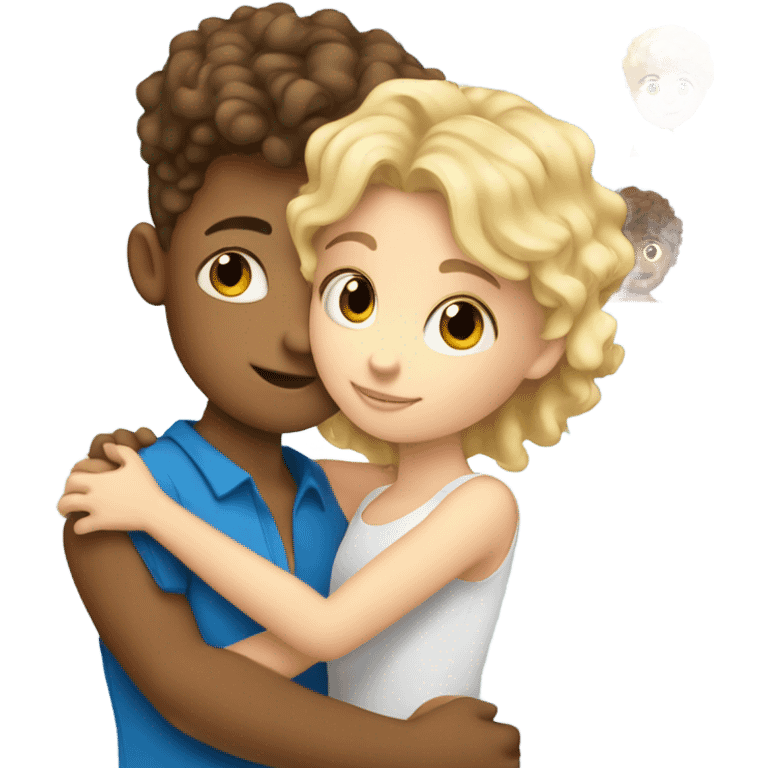 blonde blue eyed girl hugging mixed boy with curly brown hair emoji