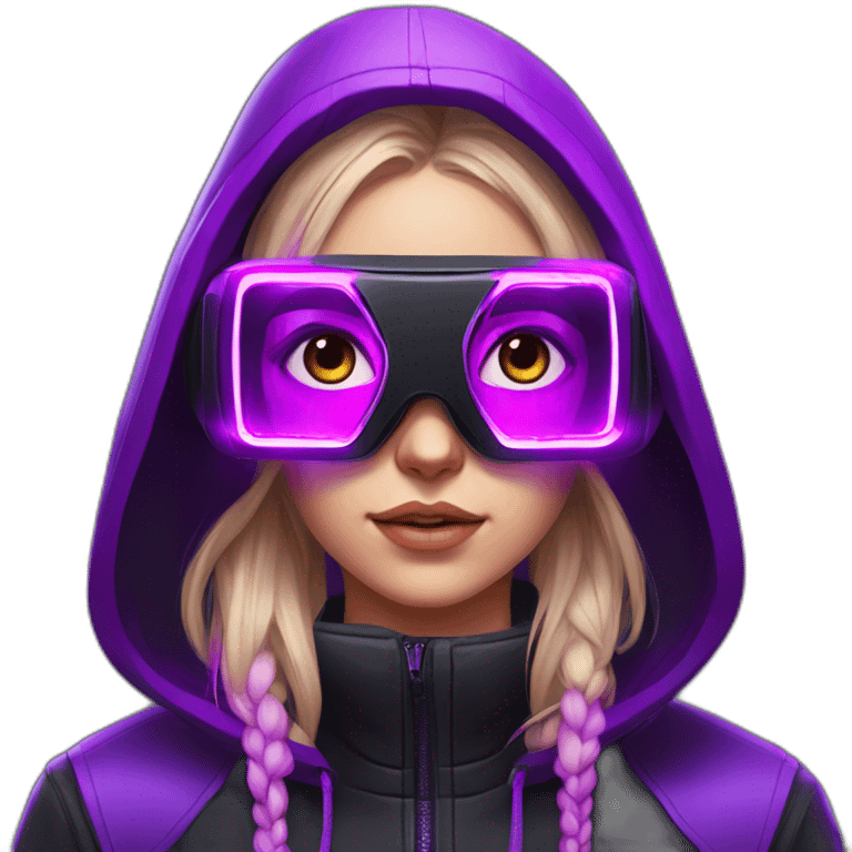 Russian student wearing black hoody with violet letters "OMG", in vr headset. Cyberpunk style. Violet neon. emoji