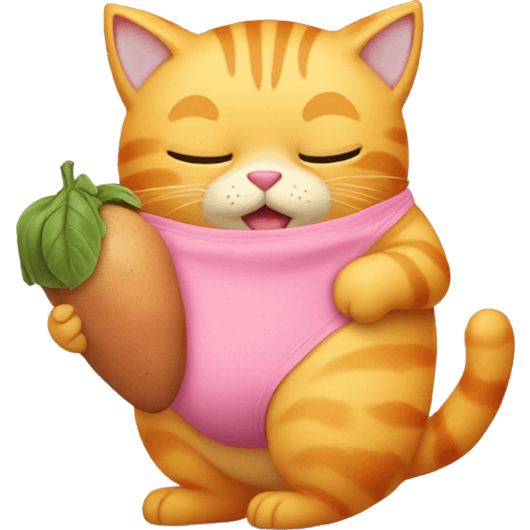 Yellow cat wearing pink panty holding sweet potato  emoji