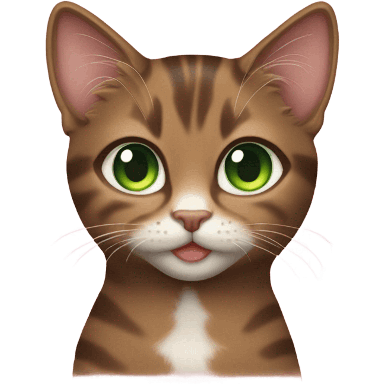 Girl with fair skin and long, dark brown, curly hair and hazel eyes kissing a brown tabby cat with green eyes on its head emoji