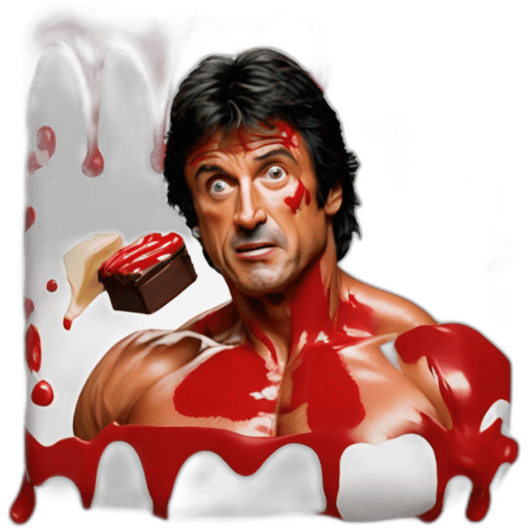 Sylvester Stallone Rambo covered in red paint eating chocolate in a primary school emoji