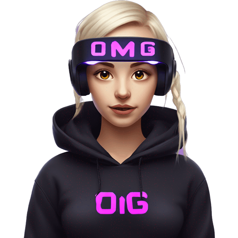 Russian girl wearing black hoody with violet letters "OMG", in vr headset. Cyberpunk style. Violet neon. emoji