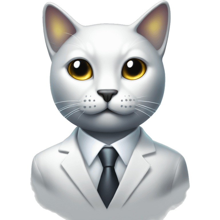 Dark iridescent cat wearing white business suit glowing emoji