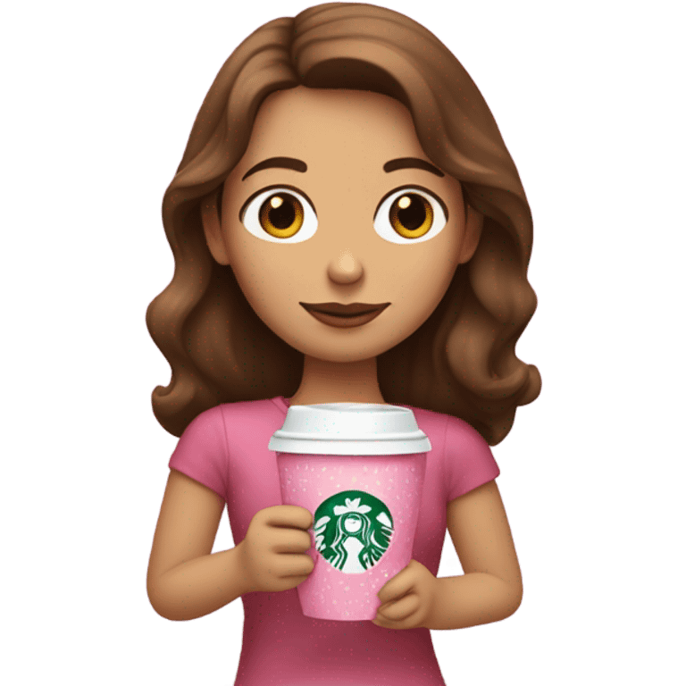 Brown hair white Spanish girl holding a pink Starbucks cup emoji