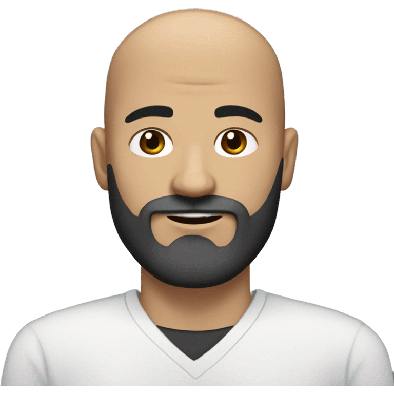 white man, with olive skin, a full black beard with some grays, bald, strong eyebrows, dark-brown eyes, smirk emoji