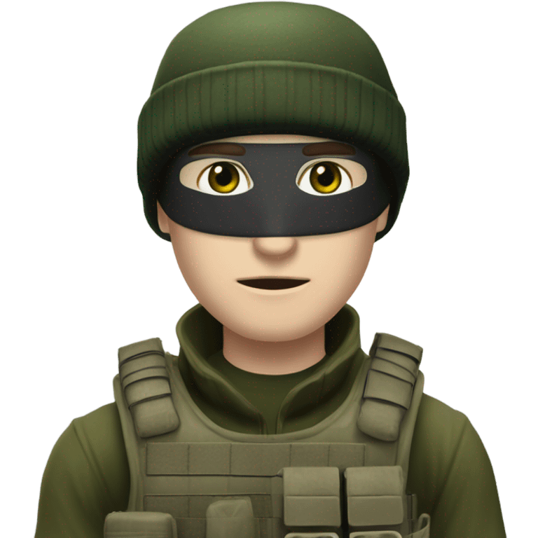 white male, pale skin, call of duty dark mask, green camo tactical gear, combat boots, black beanie, hazel eyes emoji