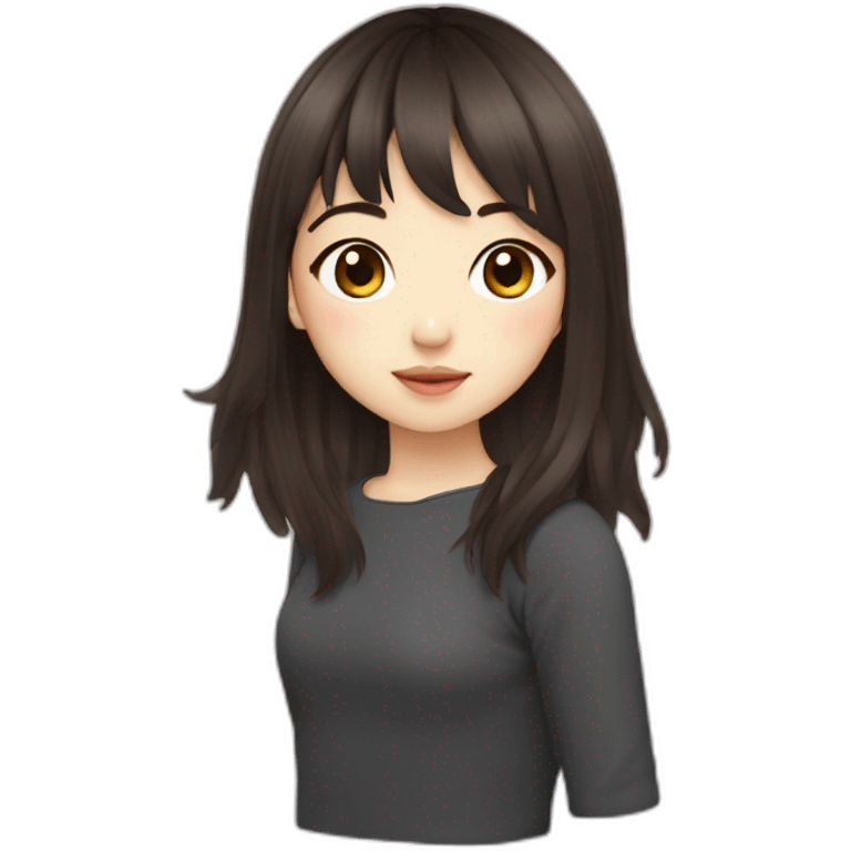 girl with dark brown wavy long hair and bangs himecut asian emoji