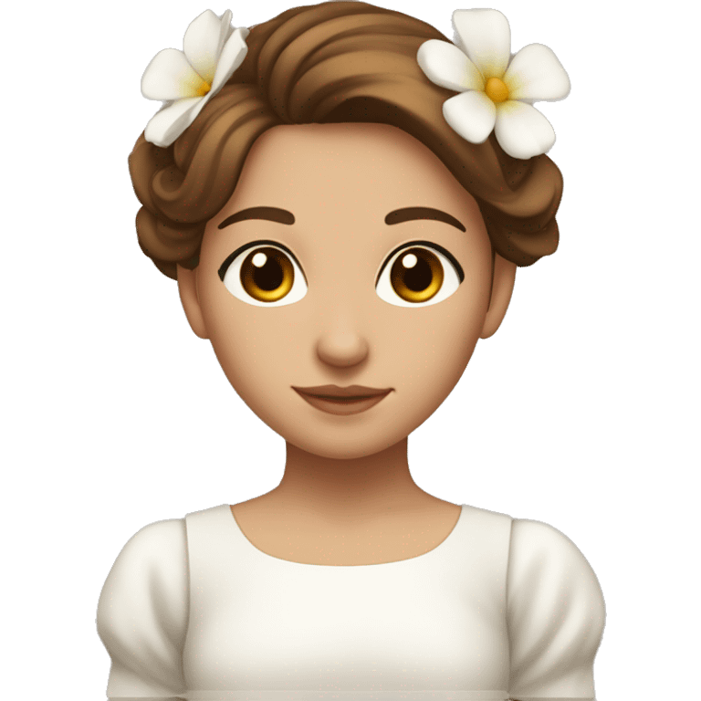 a beautiful girl with midlle straigh liht brown hair and brown eyes, she has a beautiful flower under her ear and she has a white beautiful dess emoji