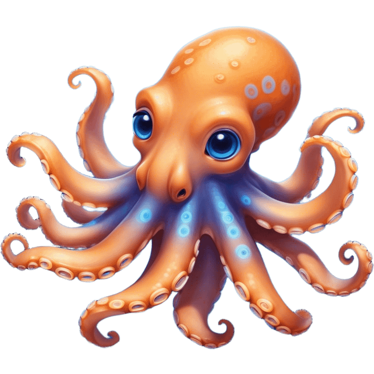 Cinematic Cute Octopus Portrait Emoji, Head tilted playfully and inquisitively, featuring a rounded, light orange body embellished with playful blue rings, eight adorably curling arms, and big, twinkling eyes full of wonder, Simplified yet irresistibly adorable features, highly detailed, glowing with a warm, inviting underwater glow, high shine, affectionate and lively, stylized with a touch of whimsical cartoon charm, soft glowing outline, capturing the essence of a mischievous yet loving octopus that seems as if it could bob out of the screen into your arms! emoji