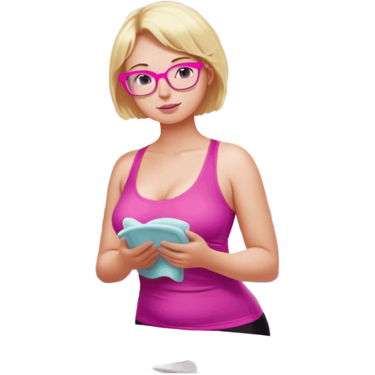 Curvy fair and freckled skinned woman, short blond hair, small light purple reading glasses, washing dishes, short flowing sheer hot pink tank top, without undergarments SFW, black yoga pants, thick booty emoji