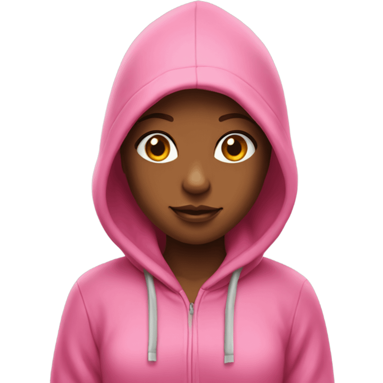 A girl with a pink hoodie that says juicy emoji