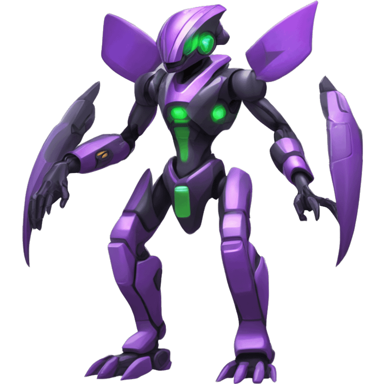 a shiny black-green-purple Genesect-Raptor-Fakémon-Medabot-hybrid with a futuristic visor-helmet full body emoji