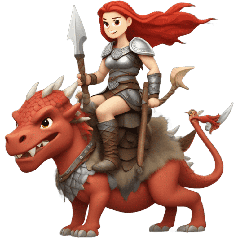  White Viking red head pale skin beautiful dragon  queen with a Viking solder with a gray man bun built white solder on a dragon  emoji