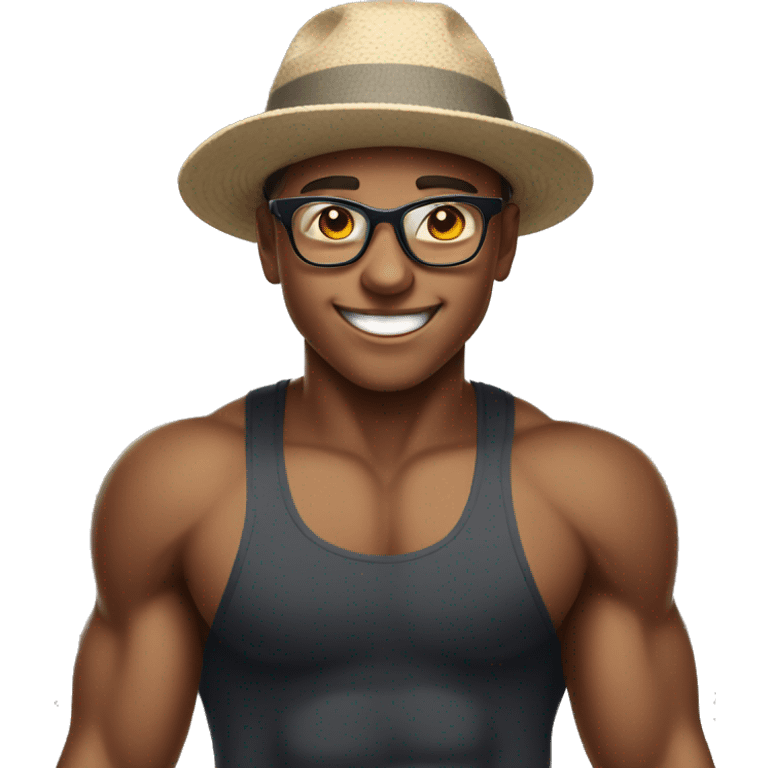 smiling boy in hat and glasses working out at gym  emoji