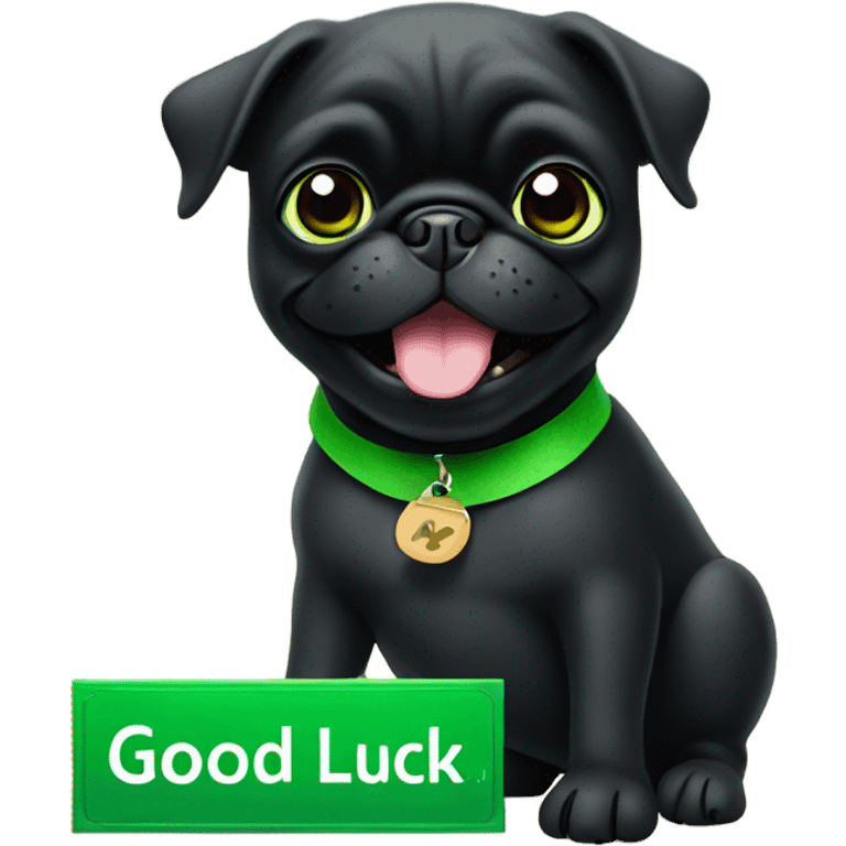 Black pug holding a green sign that says good luck  emoji