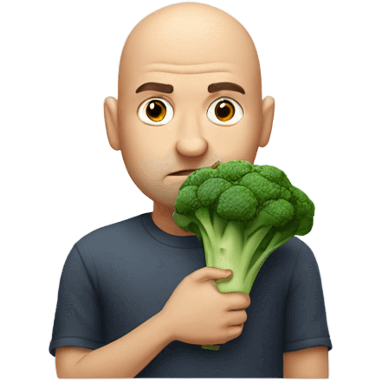 Bald man frowning holding broccoli  emoji