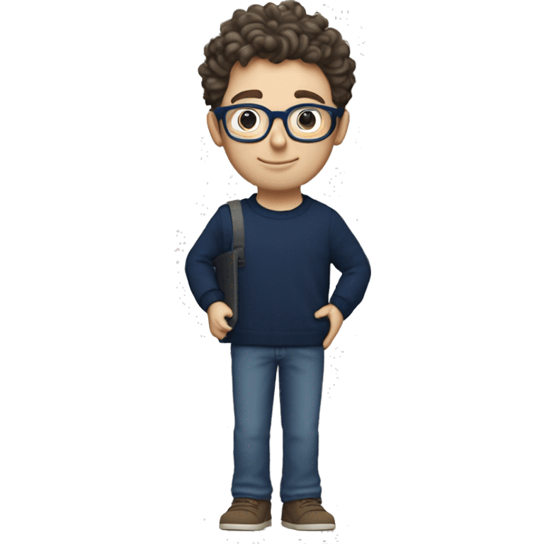 caucasian white boy with dark wavy  hair, blue glasses, and carrying design paper plan because he is an architect carrying a pencil and a set model maquette. wearing a navy blue long sleeve sweater shirt. smart.  emoji