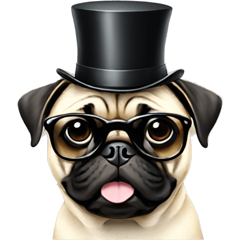 Pug smiling wearing a top hat and sunglasses emoji