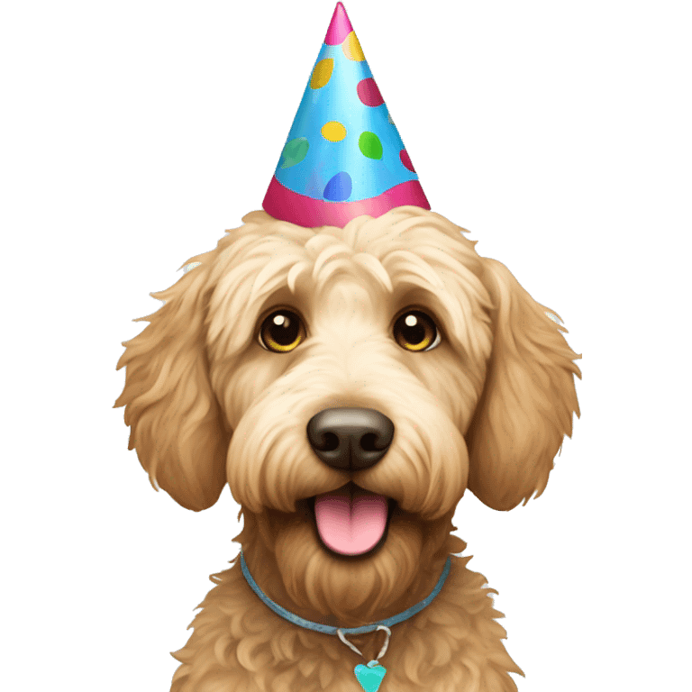 Labradoodle with a birthday party hat emoji