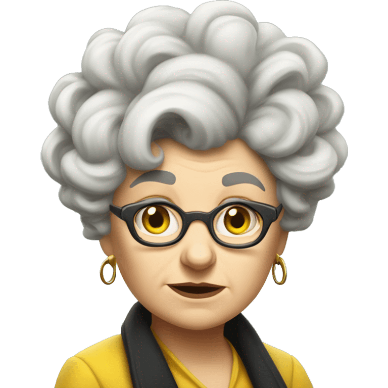 one old, curvy woman, white face, hufflepuff, grey and curly and wild hair, madame sprout, not amused,  emoji