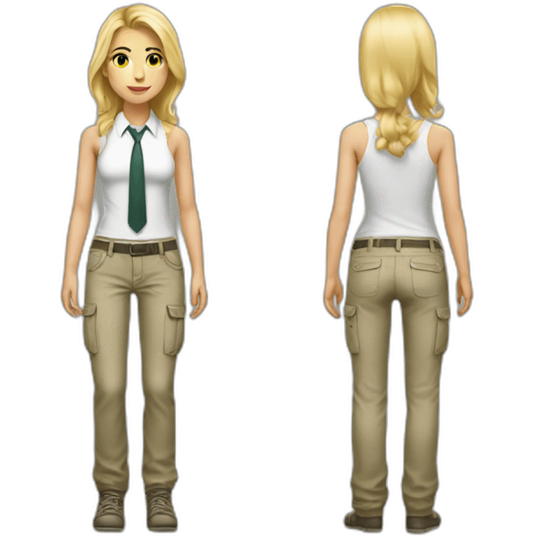 full body white blonde girl with cargo pants, white tank top and tie emoji