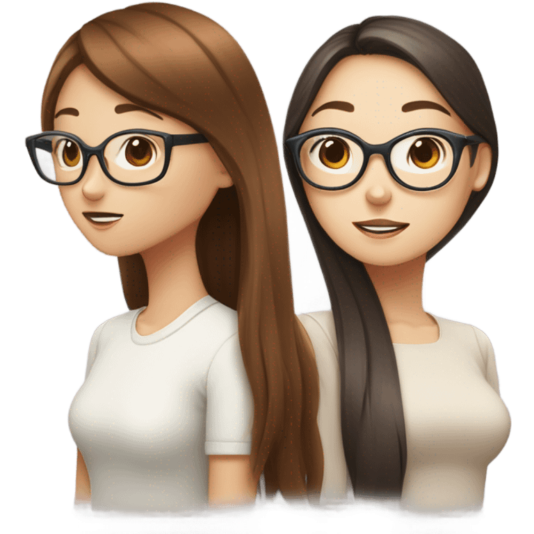 One white girl with straight reddish brown hair gossiping with a korean girl with long straight girl and circle frame glasses emoji