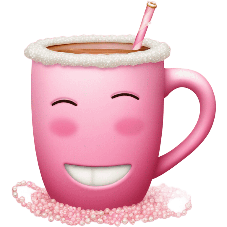 soft pink mug filled with steaming hot raspberry tea, decorated with blush pink pearl and sparkly embellishments (aesthetic, cute) emoji