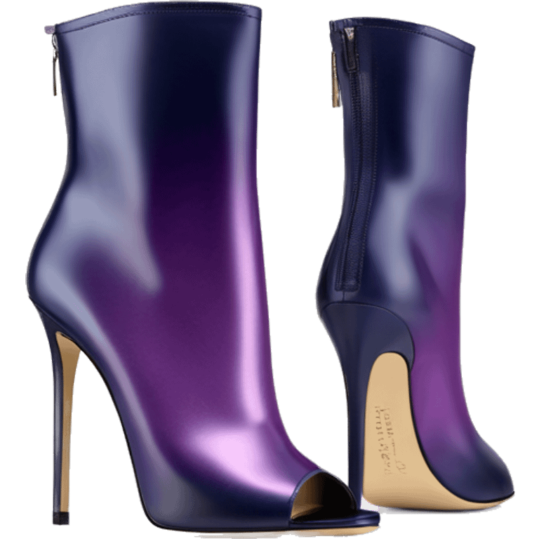 Real isolated top view of a pair of metallic dark navy to dark purple ombre Jimmy Choo stiletto peep toe ankle bootie boots.  emoji