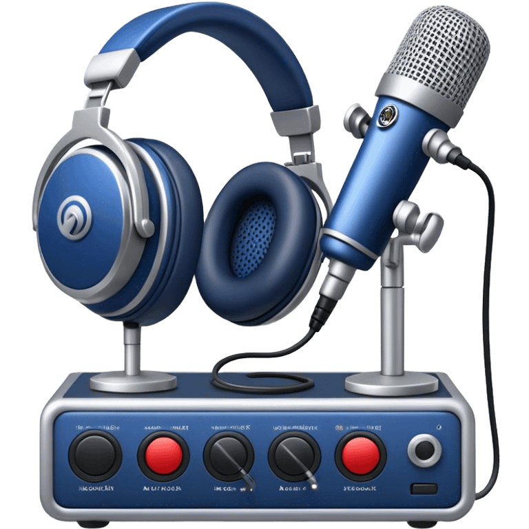 Create a sleek and professional emoji that represents voice acting and dubbing equipment. The design should feature a high-quality microphone, a sound mixer or audio interface, and headphones to symbolize the recording and technical process. Include elements like a soundproof booth or audio cables to reflect the studio environment. Use a modern, clean design with colors like silver, black, and dark blue to represent the professional side of voice acting. The background should be transparent. emoji