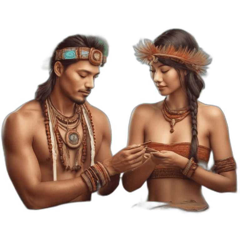 couple of beautiful man and woman wearing traditional shamanic feathers are working on improving the villa near the beach emoji