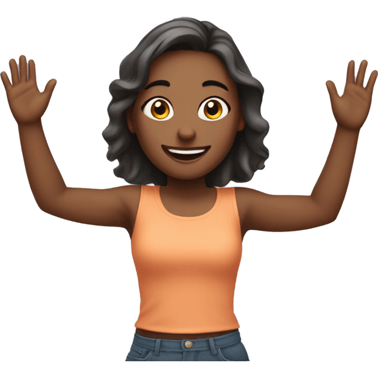 Girl with both hands in the air. Happy, frontal view above waist only. Enjoying emoji