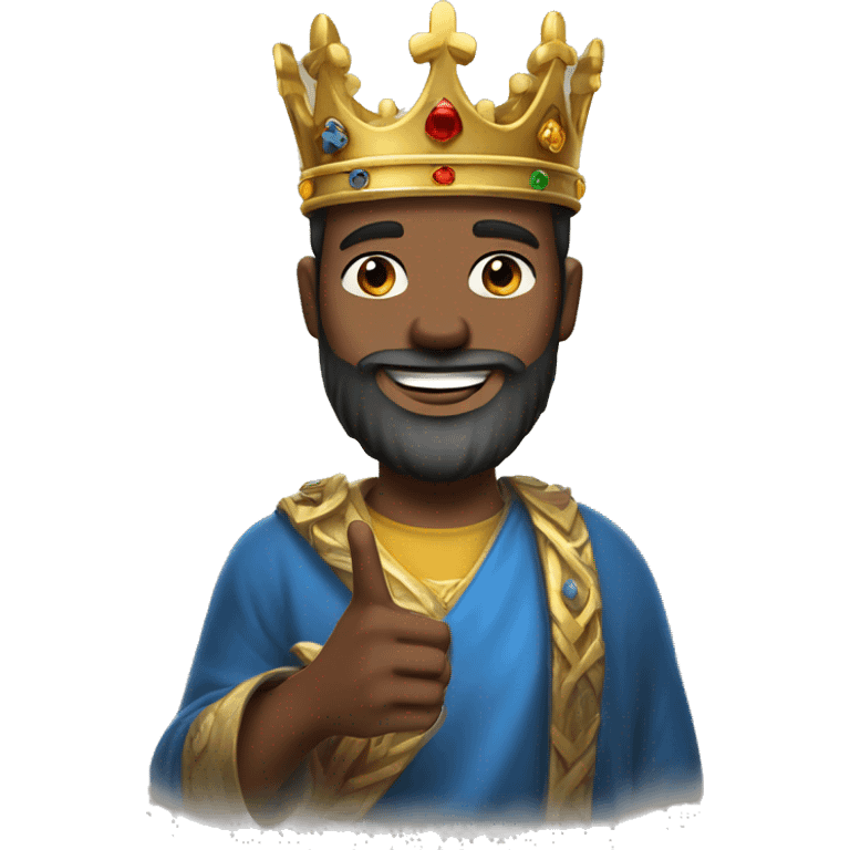 a man with a king's crown, beard, smiling and making the peace sign emoji