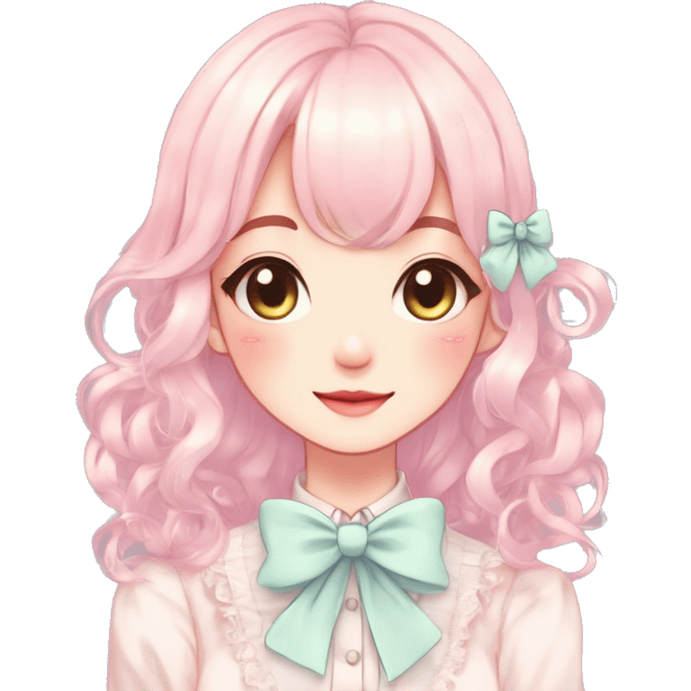 Gorgeous pastel anime style lady with blushing face and laces and bow ties cottagecore fairycore pastelcore colorful pearly romantic simplistic aesthetic trending style emoji