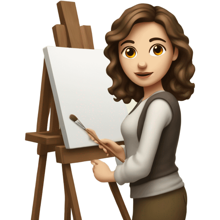 A female Caucasian brown haired artist, painting at an easel with Canvas on the easel emoji