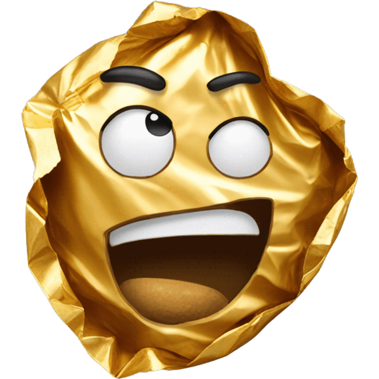 a crying used opened crumpled with torn edges ferrero rocher gold foil wrapper emoji