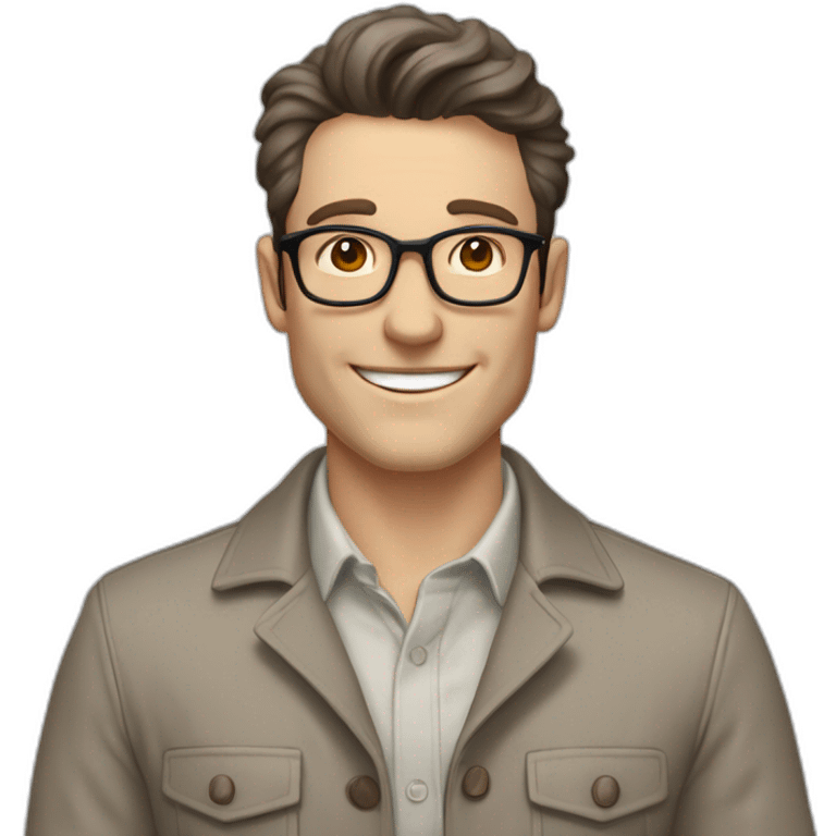 Joyful Pale skinned Fit Man With dark brown hair in gray jacket, beige office shirt, Brown pants and vintage glasses. His thrumbs up emoji